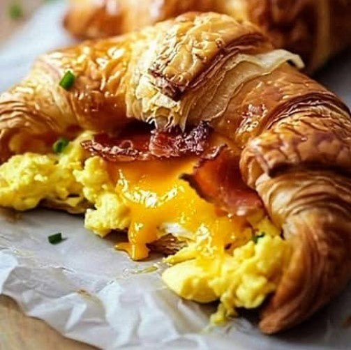 Croissant with eggs, cheese & beef or chicken